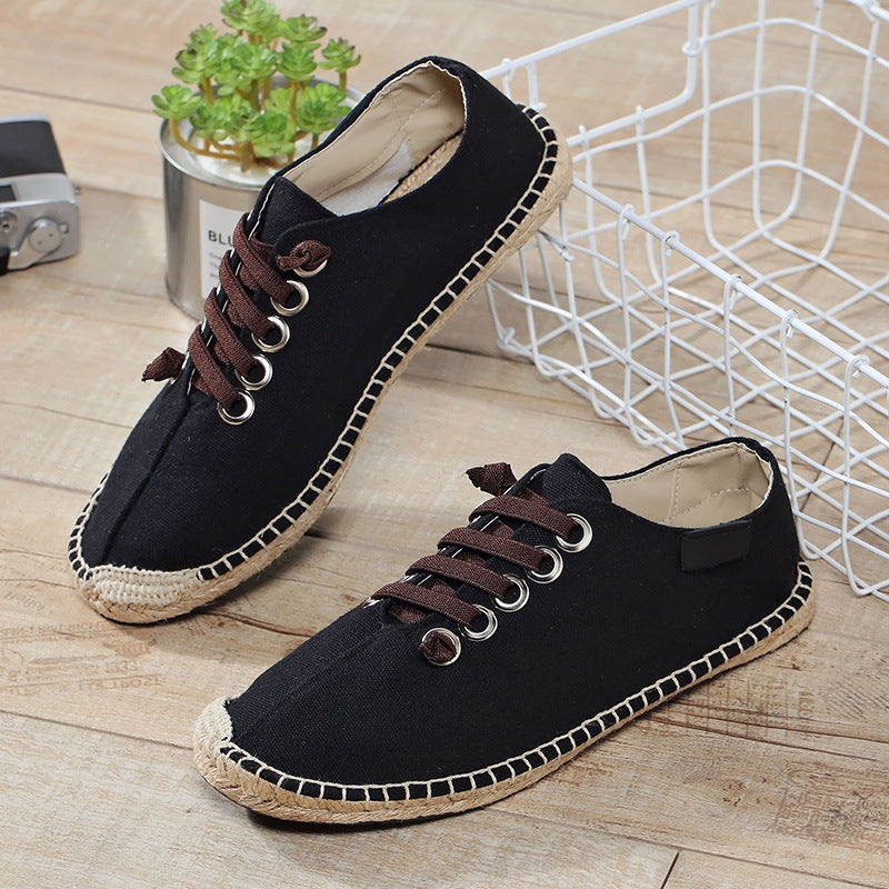 Lace-up Canvas Men's Shoes Solid Color Sewn Hemp Rope