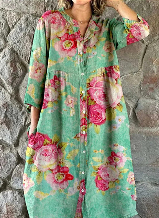 Women's Casual Long-sleeved Printed Shirt Dress