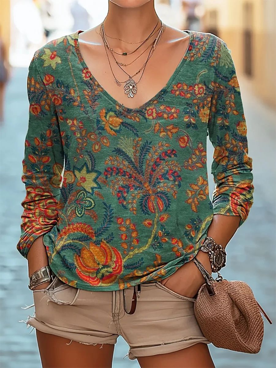 Casual V-neck Long Sleeve Regular Pullover Digital Printing Women's Top