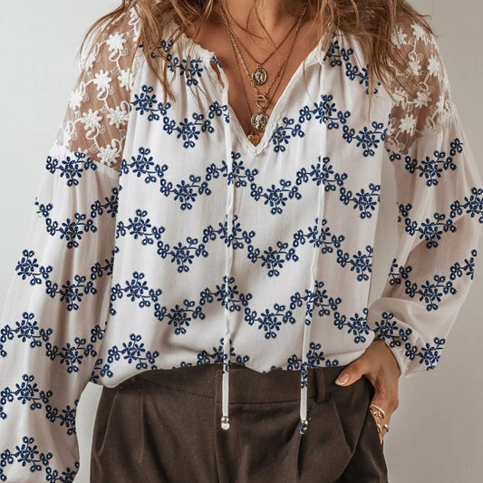 Blue Lace Patchwork Floral Bubble Sleeve V Split Neck Blouse