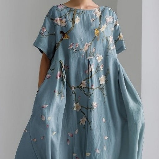 European And American Women's Clothing Loose Round Neck Fashion Advanced Short Sleeve Printed Dress