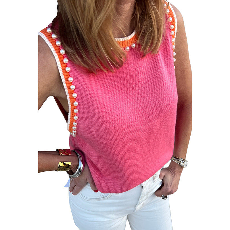 Fashionable All-match Beaded Color Matching Sleeveless Top For Women