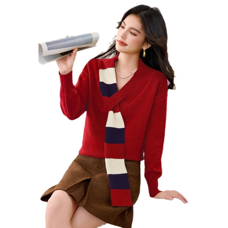 Niche Striped V-neck Sweater Women's Versatile Fake Two Pieces Coat