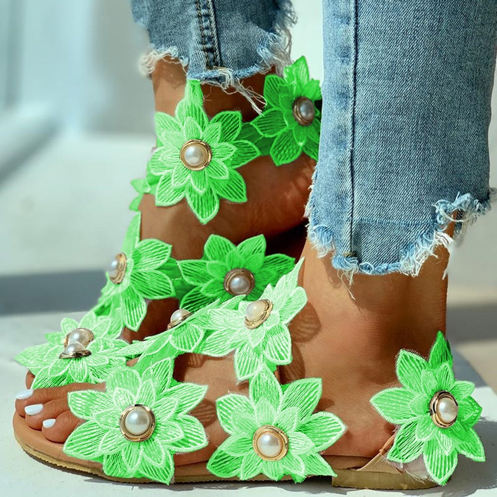 Lace Chiffon Pearl Flower sandals