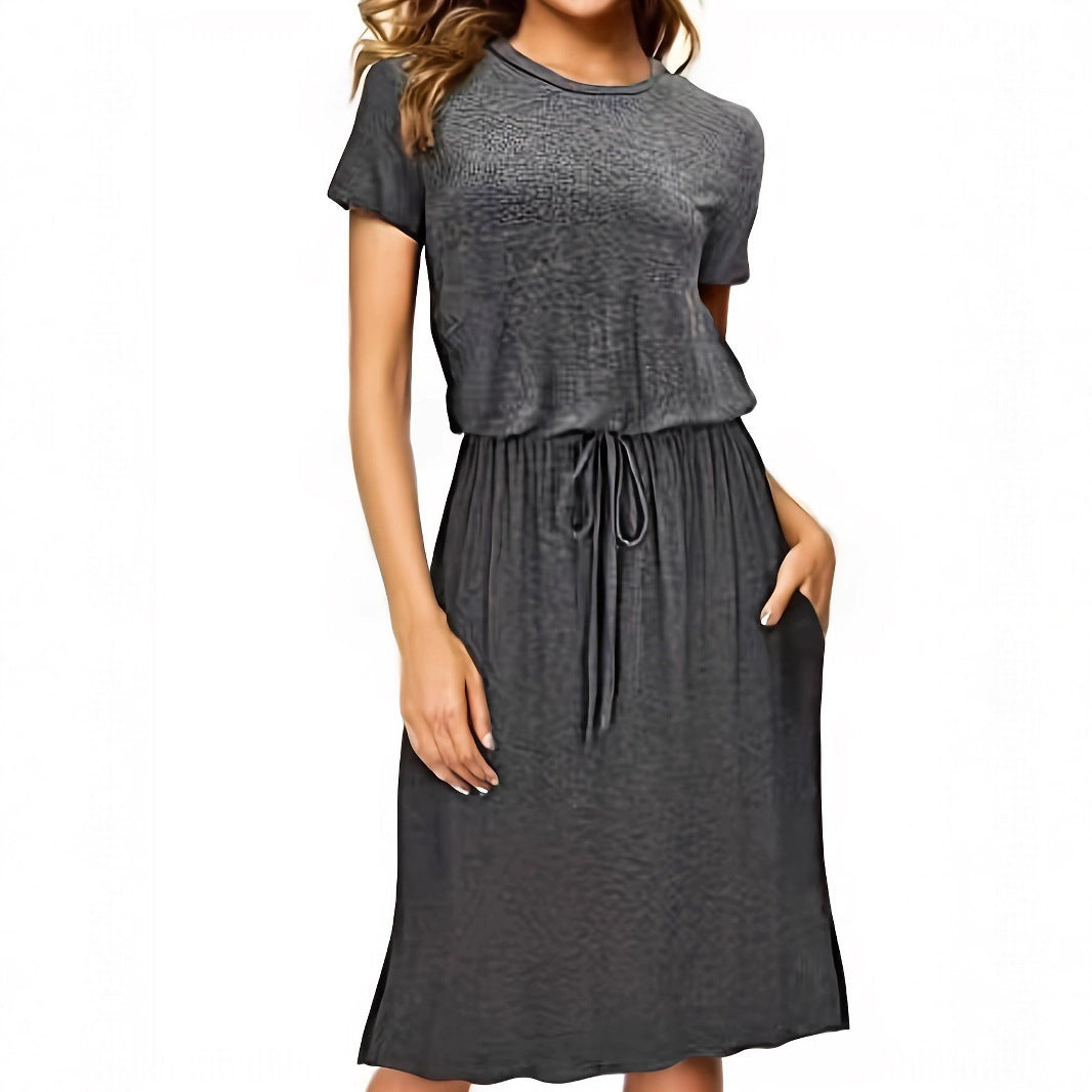 Waist-tight Pure Color Split Irregular Crew Neck Dress