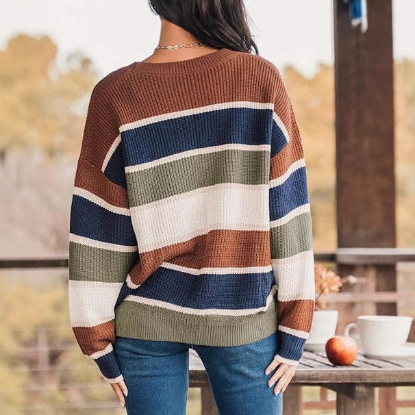 Contrast Color Sweater Female Casual Temperament Wild Long Sleeve Pullover Top
