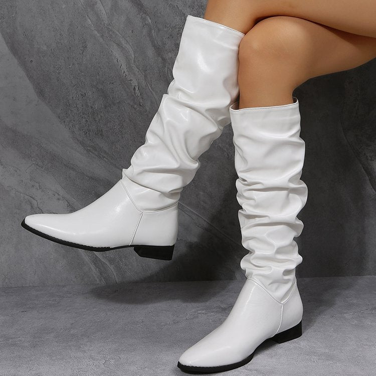 Pointed Low Heel Long Tube Fashion Folding Boots