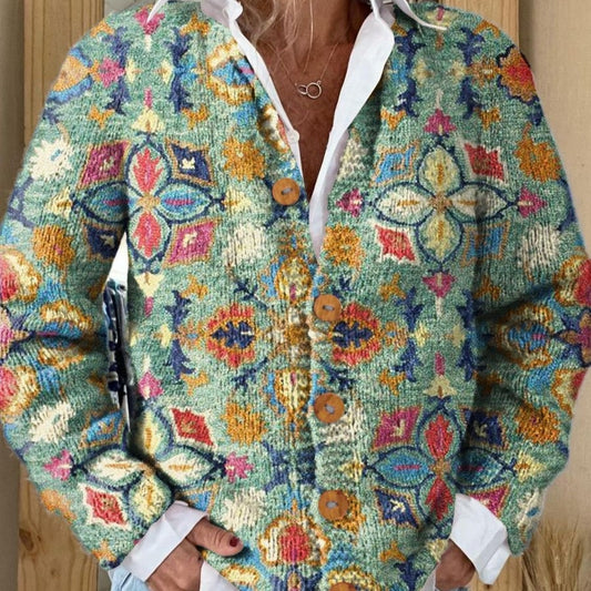 Women's Fashion 3D Color Matching Pattern Printing Cardigan Knitted Coat