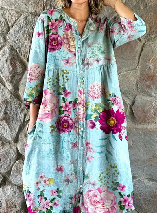 Women's Casual Long-sleeved Printed Shirt Dress