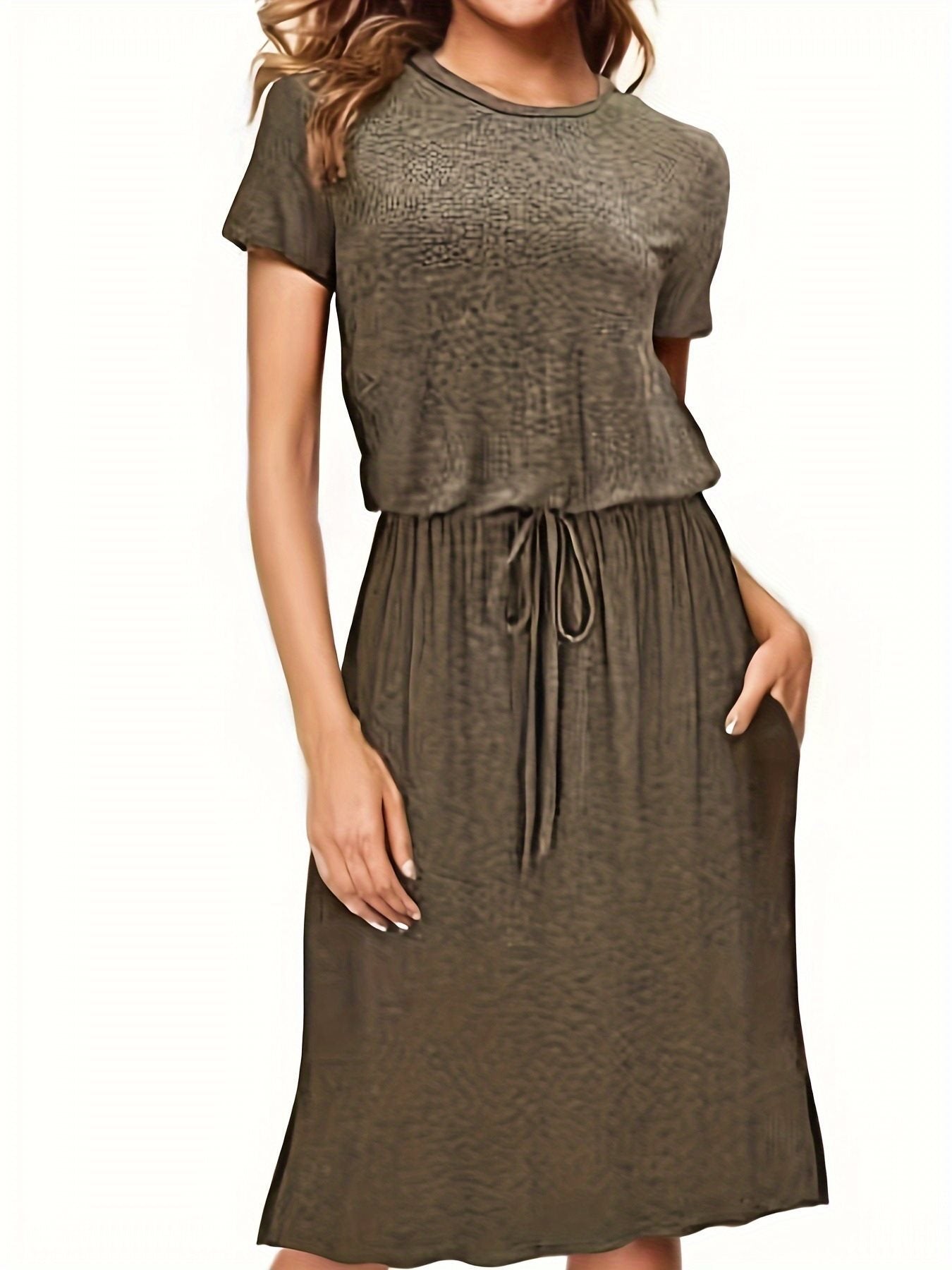 Waist-tight Pure Color Split Irregular Crew Neck Dress