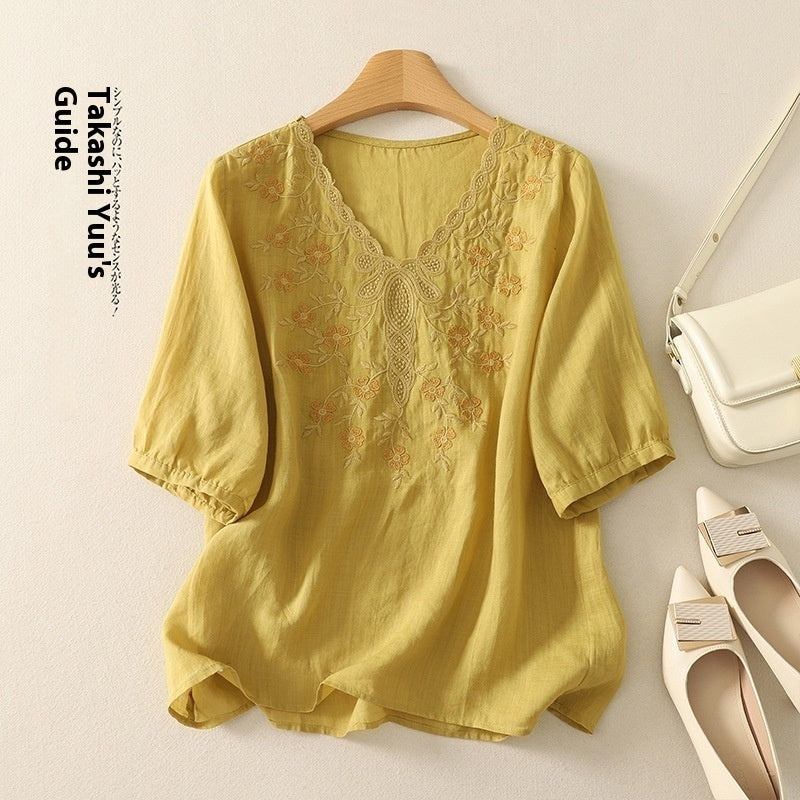 Embroidered Women's Elegant Lace V-neck Half Sleeves Pullover Shirt