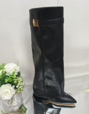 Pointed Toe Large Tube Circumference Straight Metal Buckle Long Tube Boots