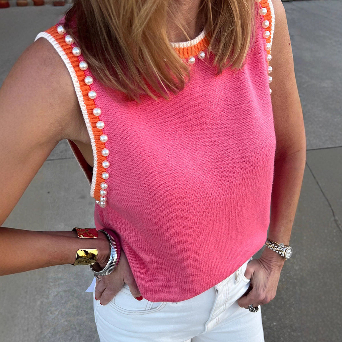 Fashionable All-match Beaded Color Matching Sleeveless Top For Women