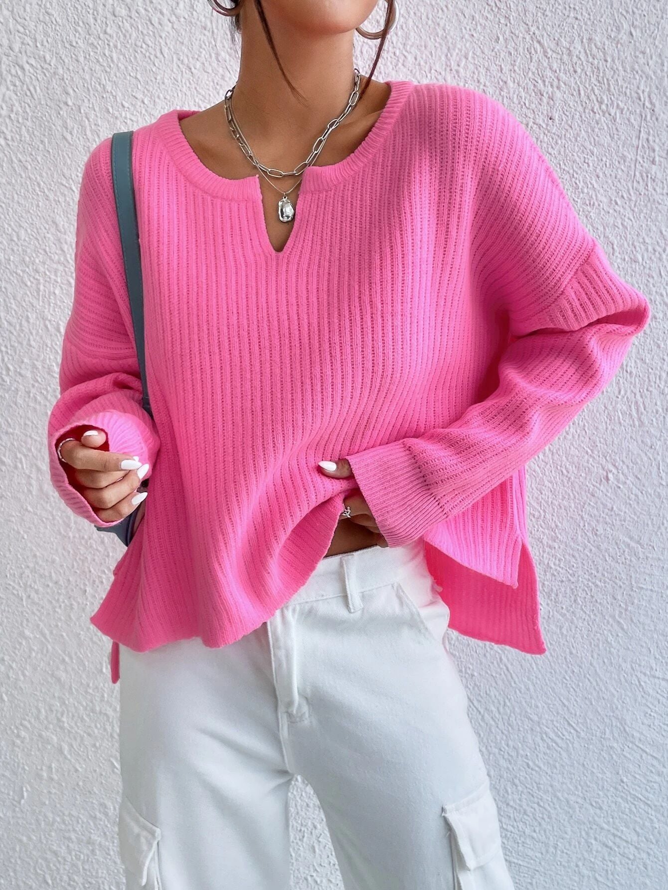 Women's Solid Color Sweater Niche V-neck Loose Leisure All-matching Long Sleeve Sweater