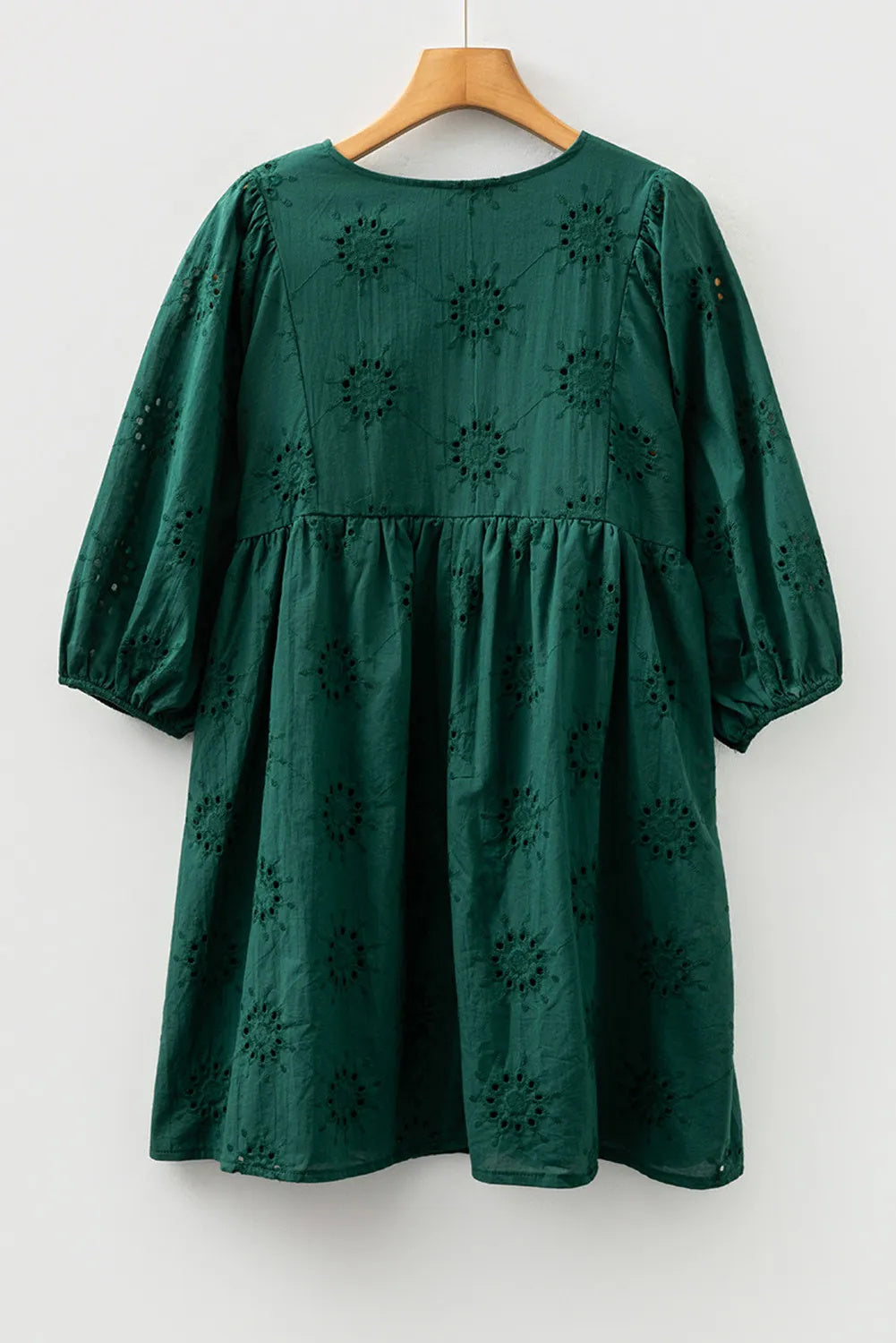 Blackish Green Embroidered Eyelet Pattern Puffy Sleeve Swing Mini Dress