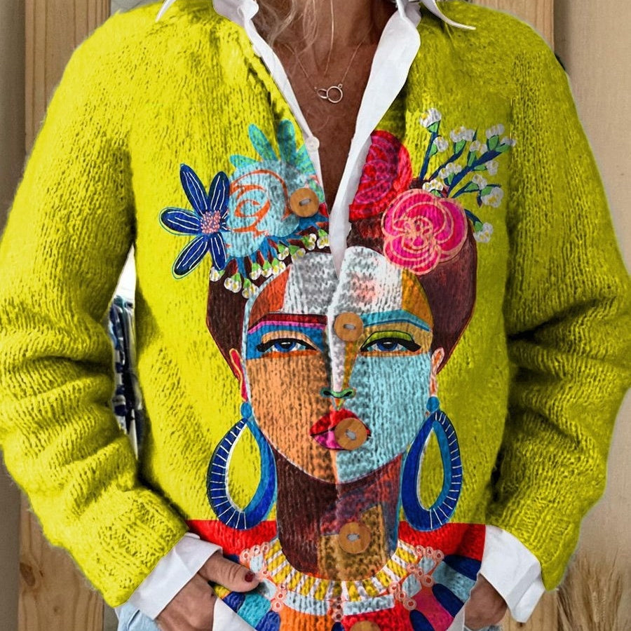 Women's Fashion 3D Color Matching Pattern Printing Cardigan Knitted Coat