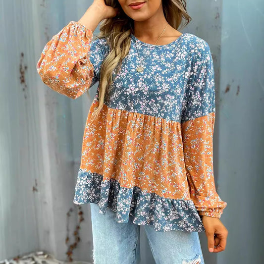 Women's Round Neck Digital Printed Floral Chiffon Shirt