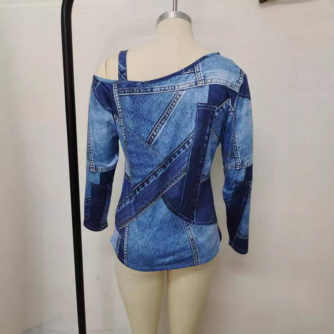 Fashion Casual Printing Strapless Sloping Shoulder Long Sleeve