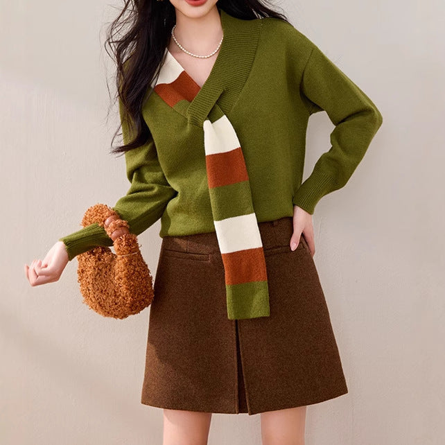 Niche Striped V-neck Sweater Women's Versatile Fake Two Pieces Coat