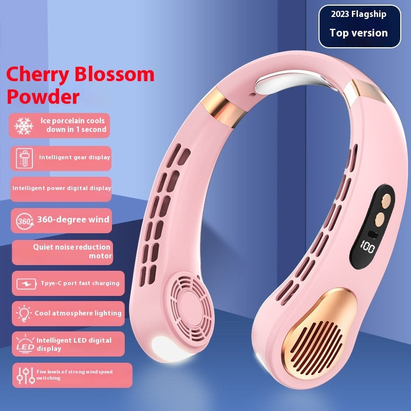 With Light Digital Display Leafless Halter Fan USB Portable Mute Lazy Student Outdoor Halter Fan