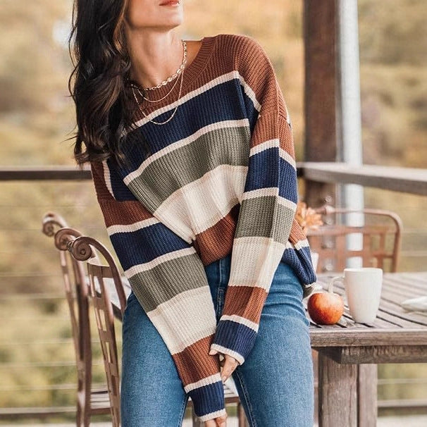 Contrast Color Sweater Female Casual Temperament Wild Long Sleeve Pullover Top
