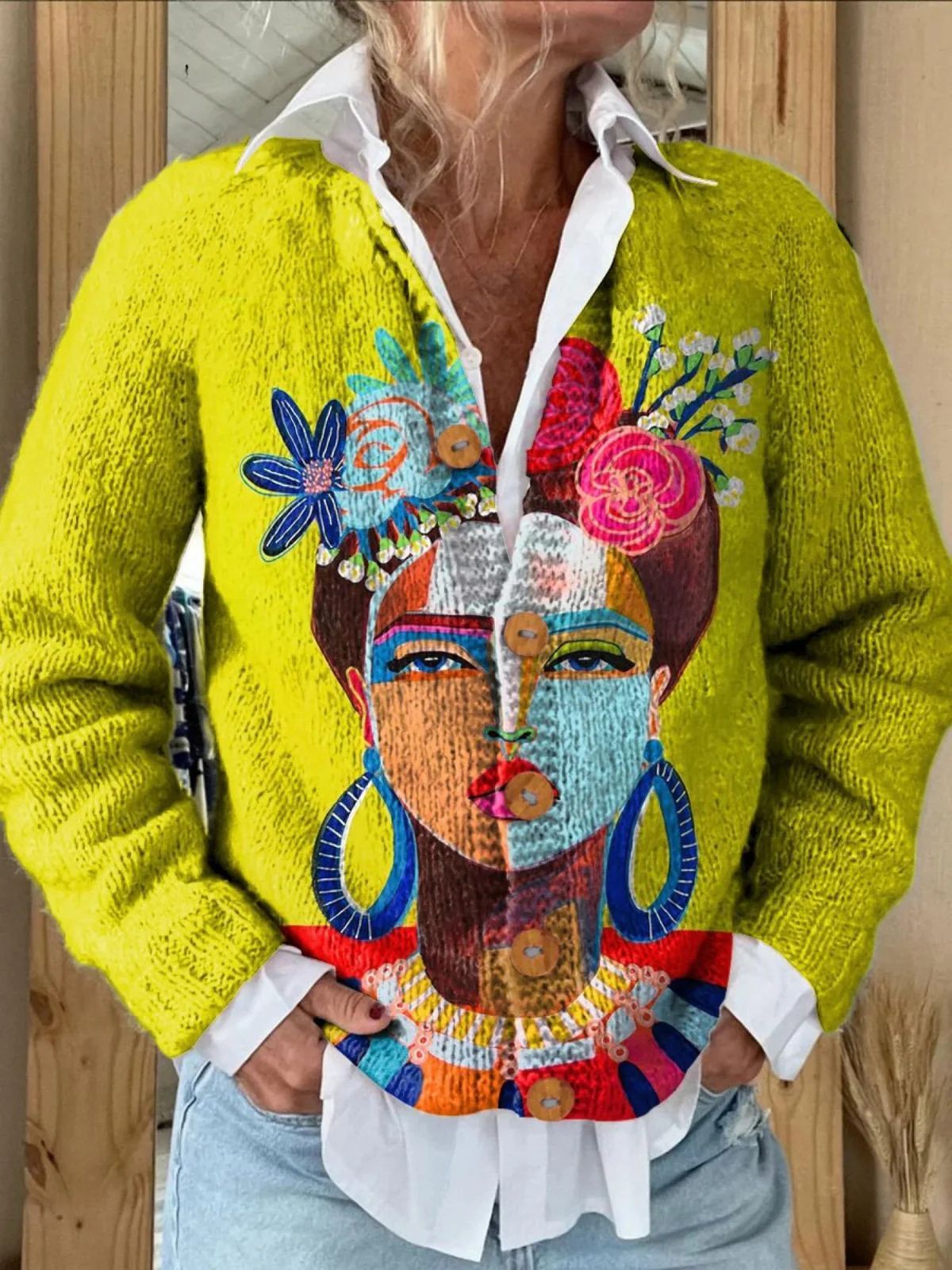 New Women's Autumn And Winter Style Loose 3D Printed Knitted Cardigan Sweater