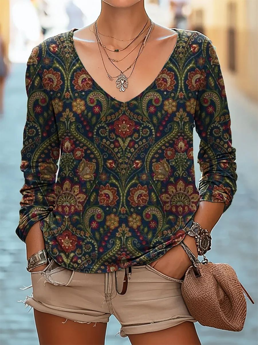 Casual V-neck Long Sleeve Regular Pullover Digital Printing Women's Top