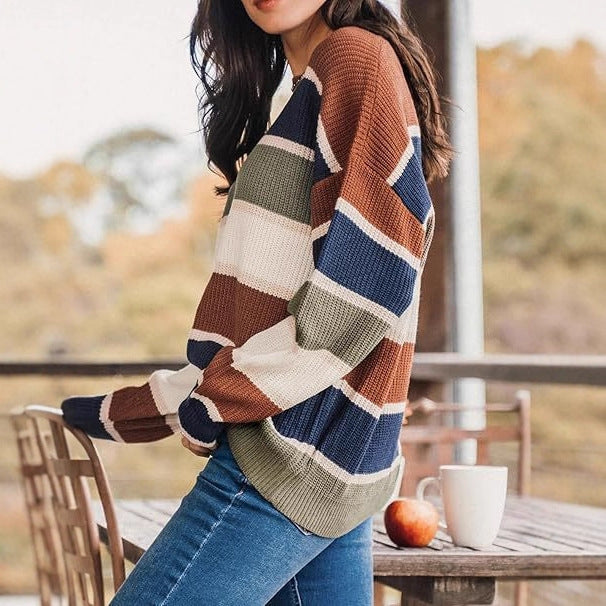 Contrast Color Sweater Female Casual Temperament Wild Long Sleeve Pullover Top