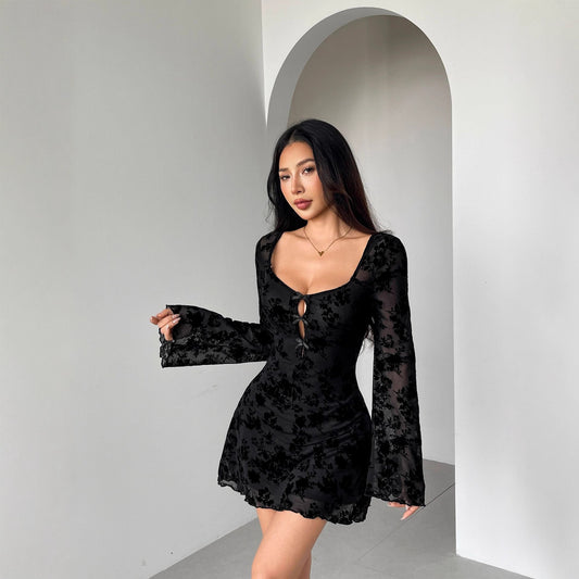 Women's Flocking Long Sleeve Floral Hollow Bow Dress