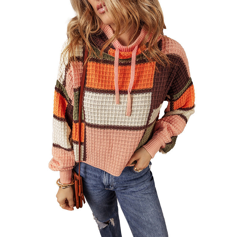 Women's Casual Waffle Color Matching Long Sleeve Drawstring Stand Collar Sweater