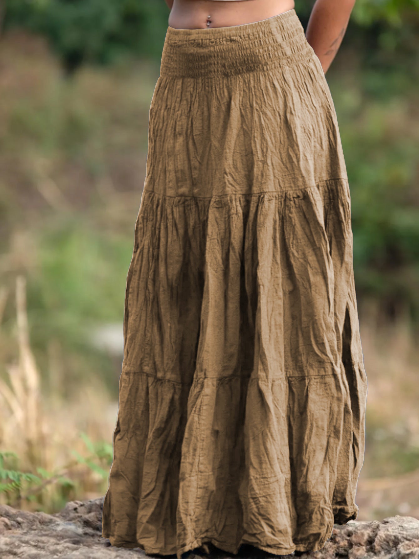 Women's Waist Smocking Mid-length Retro Daily Skirt