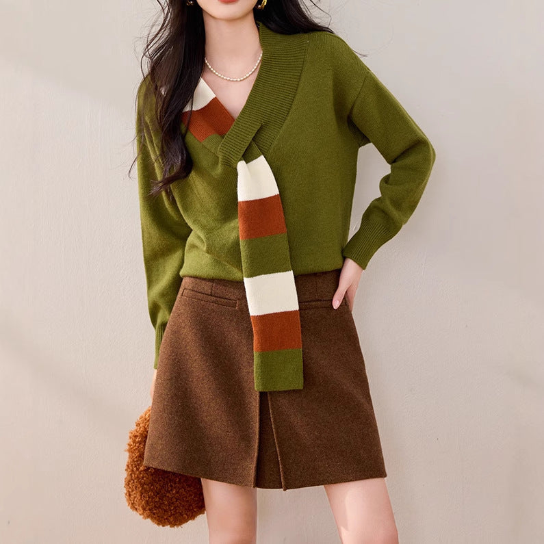Niche Striped V-neck Sweater Women's Versatile Fake Two Pieces Coat