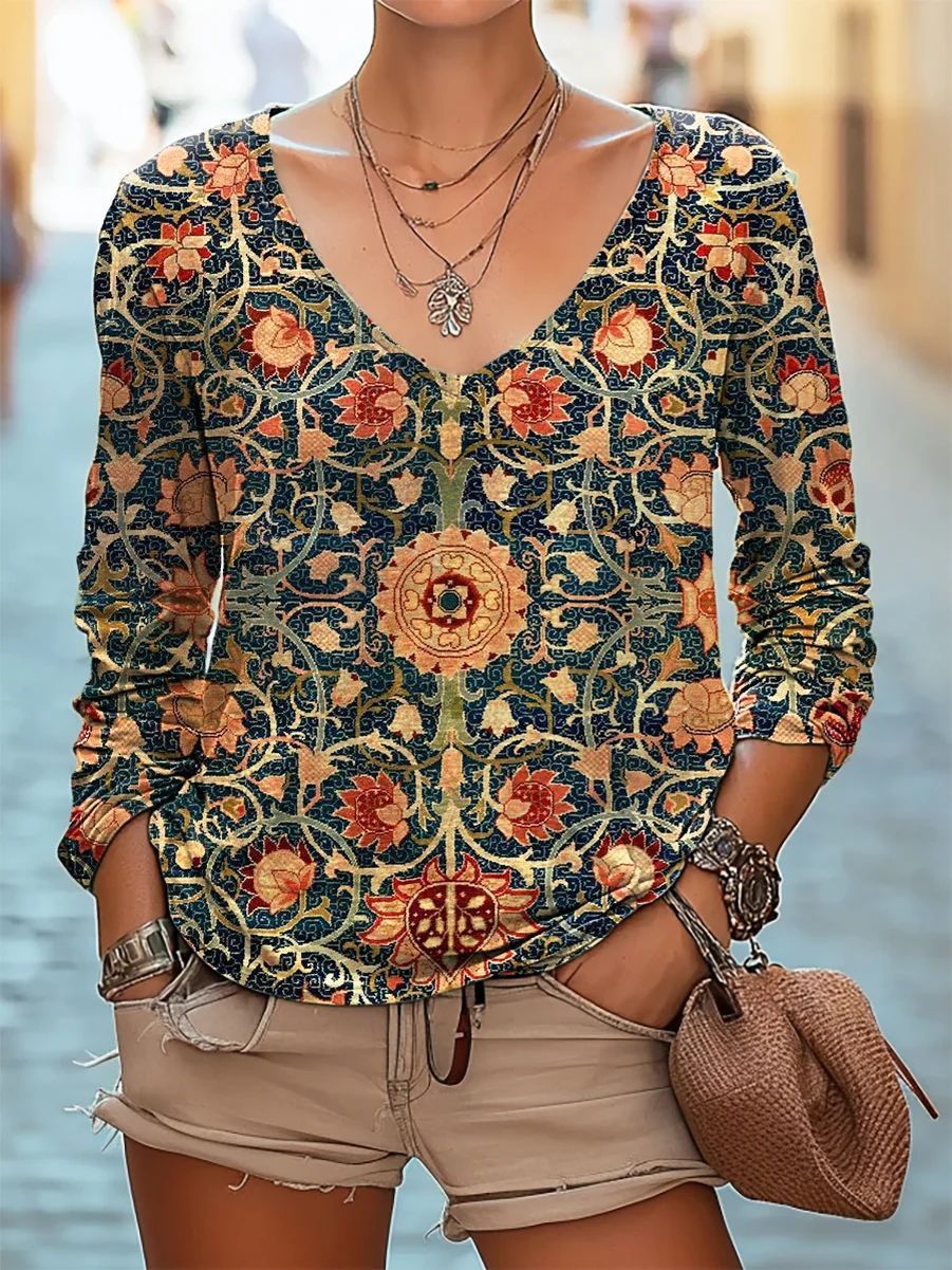 Casual V-neck Long Sleeve Regular Pullover Digital Printing Women's Top
