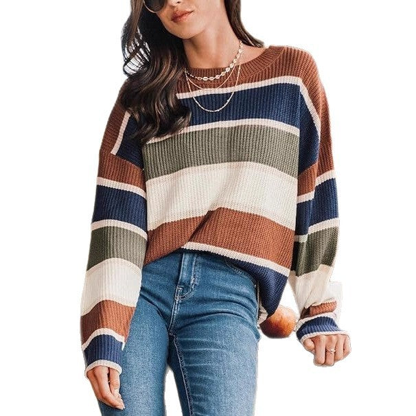 Contrast Color Sweater Female Casual Temperament Wild Long Sleeve Pullover Top