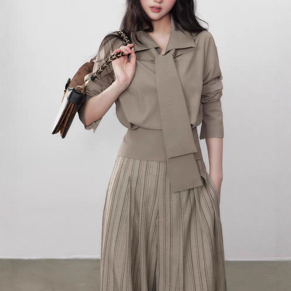 All-matching Lace-up Simple Graceful Slimming Long-sleeved Shirt Women