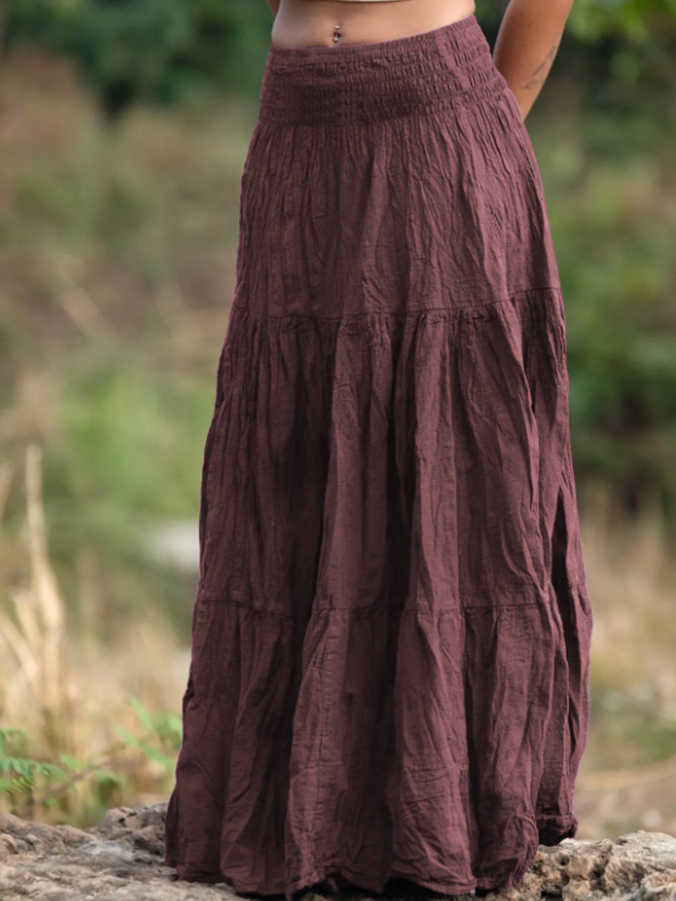 Women's Waist Smocking Mid-length Retro Daily Skirt