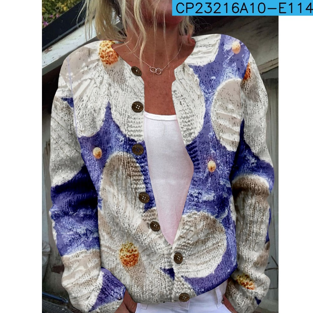 New Women's Autumn And Winter Style Loose 3D Printed Knitted Cardigan Sweater