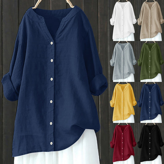 Women's Cotton And Linen Long Sleeve Button Shirt