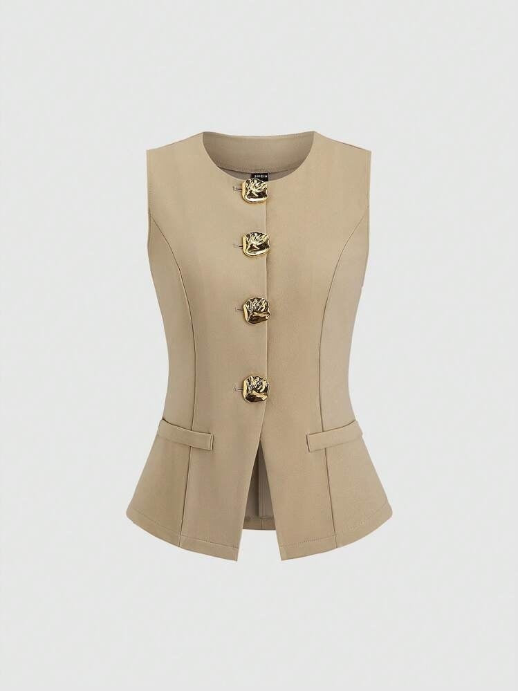Sleeveless Round Neck Vest Fashion Women's Wear Elegant Waist-tight Solid Color