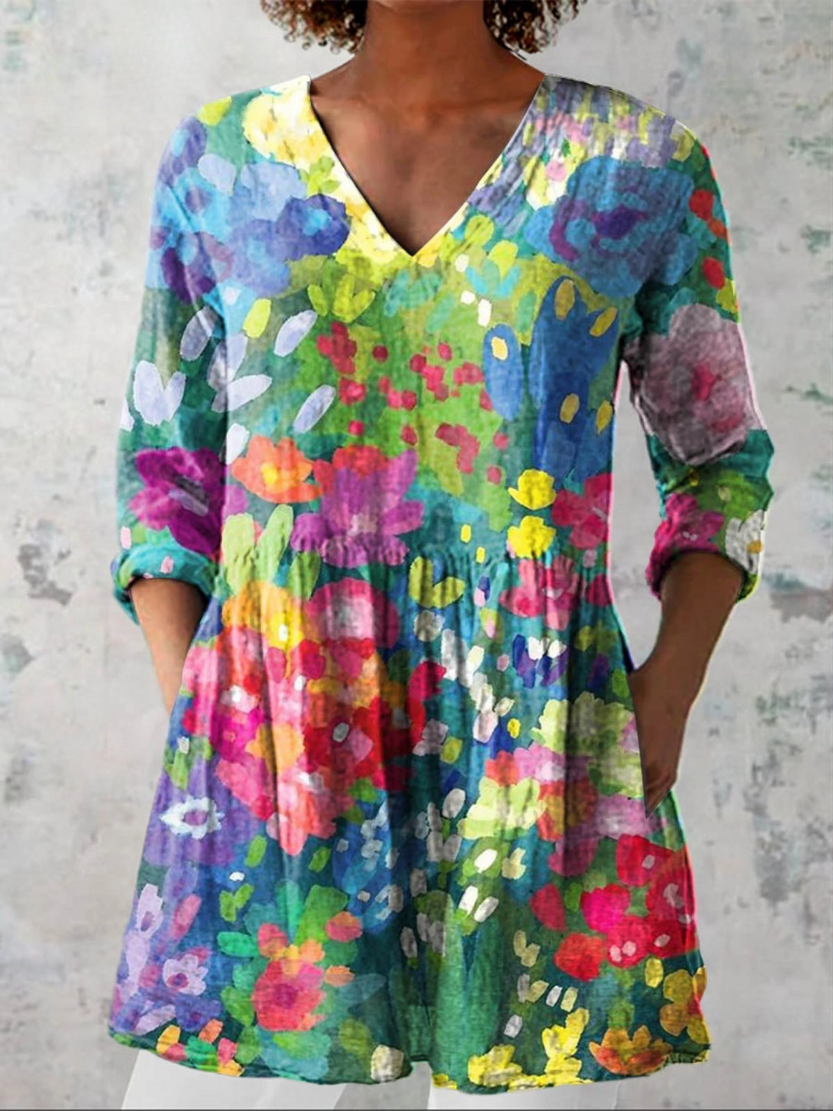 Women's European And American 3d Printed Casual V-neck Wave Loose Dress