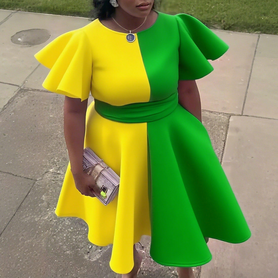 Color Block Ruffled Large Swing Dress