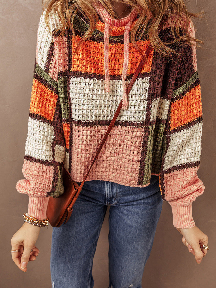 Women's Casual Waffle Color Matching Long Sleeve Drawstring Stand Collar Sweater