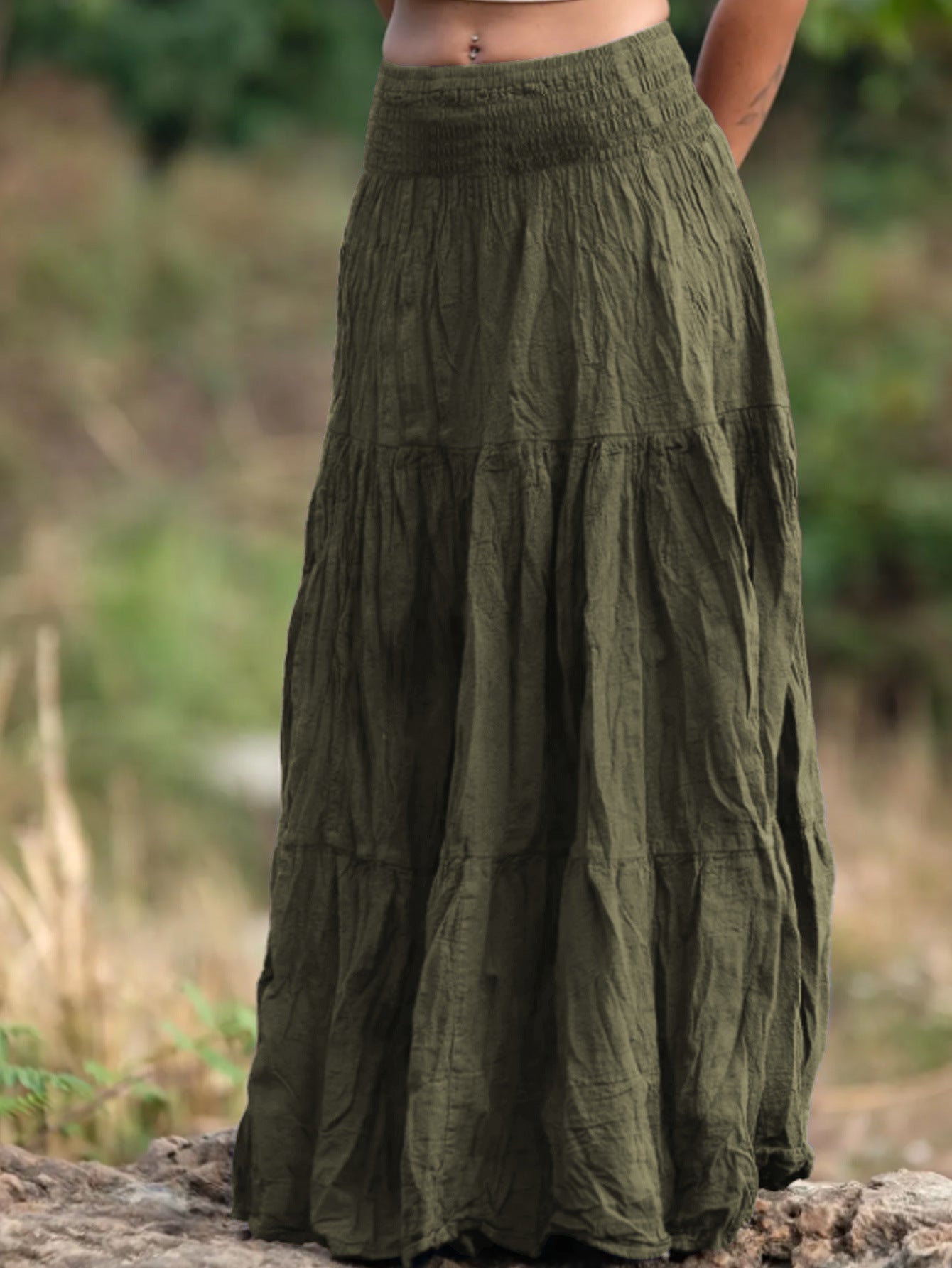 Women's Waist Smocking Mid-length Retro Daily Skirt