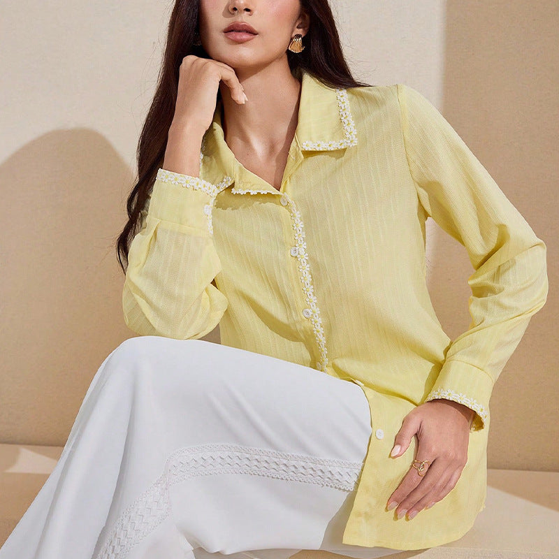 European And American Temperament Lace Long-sleeved Shirt Solid Color Cardigan Top