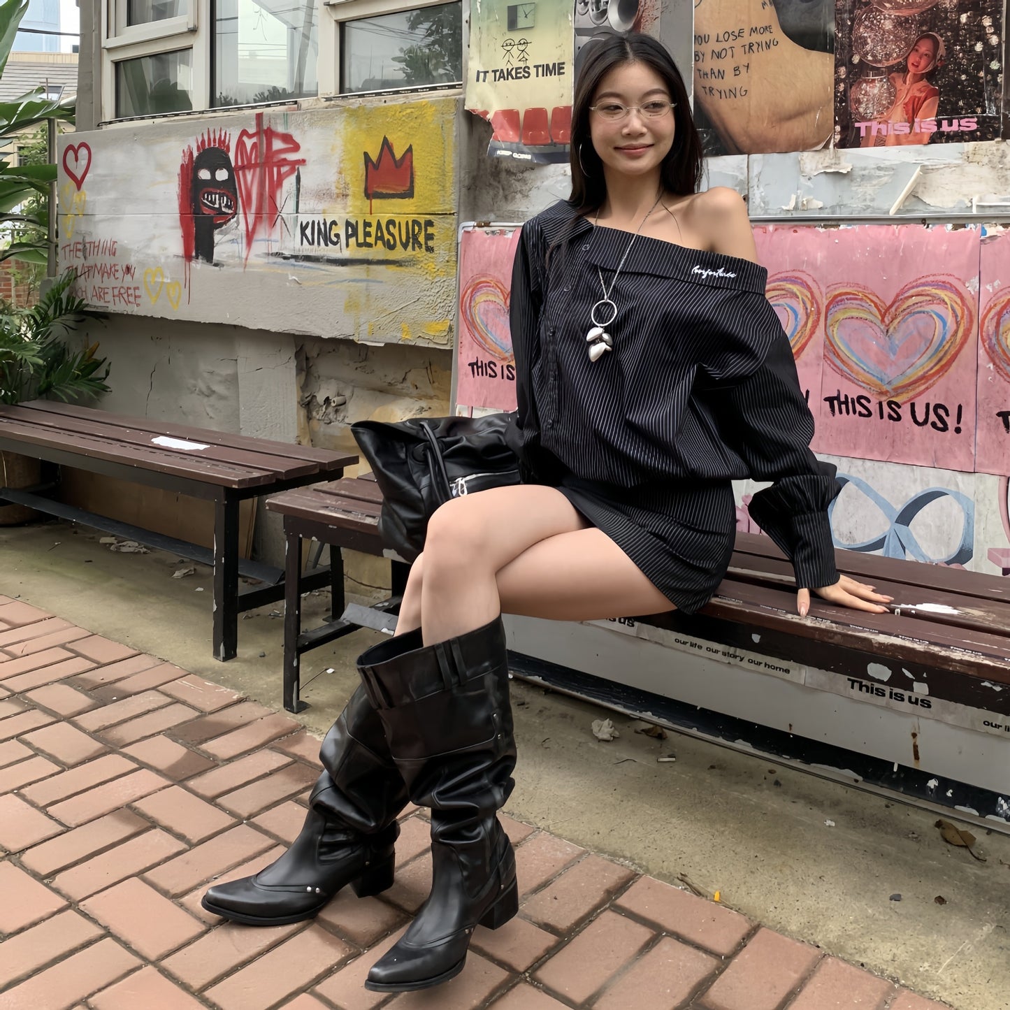 Pointed Toe Chunky Heel Slimming Pile Style Boots