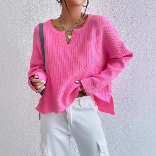 Women's Solid Color Sweater Niche V-neck Loose Leisure All-matching Long Sleeve Sweater