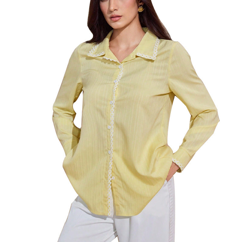 European And American Temperament Lace Long-sleeved Shirt Solid Color Cardigan Top
