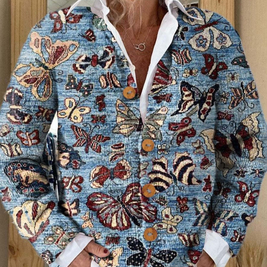 Women's Fashion 3D Color Matching Pattern Printing Cardigan Knitted Coat