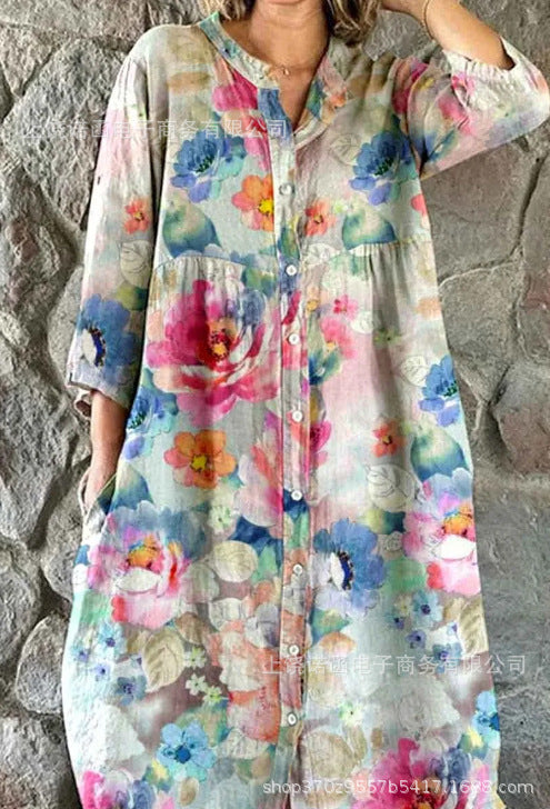 Women's Casual Long-sleeved Printed Shirt Dress