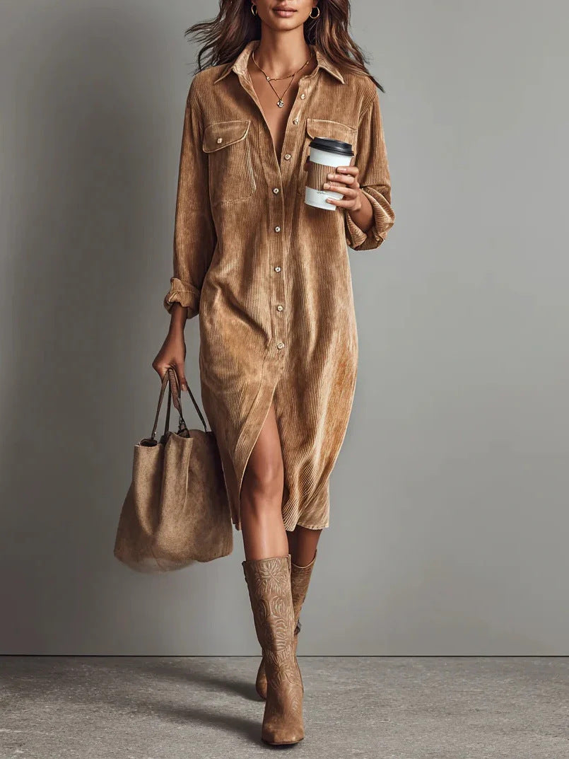 Corduroy Long Sleeve Lapel Shirt Loose Long Dress